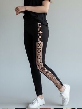 Bebe Sport Glitter ROSE GOLD LOGO legging high rise black L yoga athletic pants